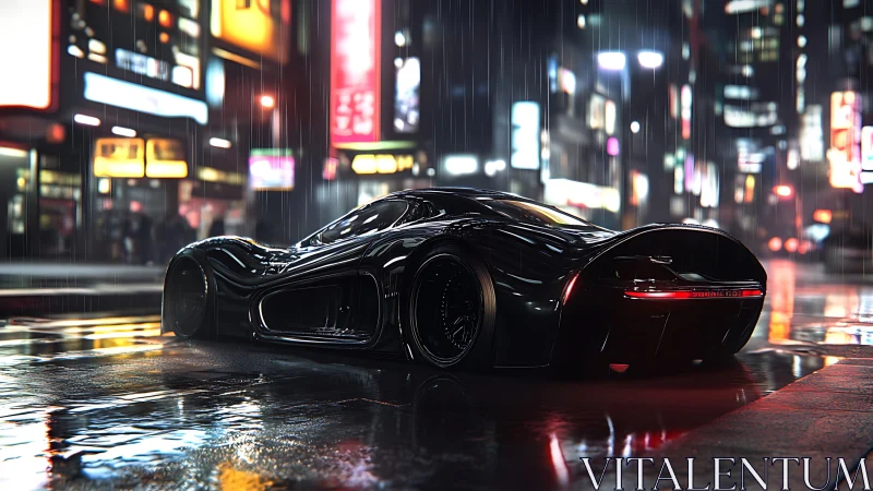 Aerodynamic hypercar under neon rain in reflective cityscape.