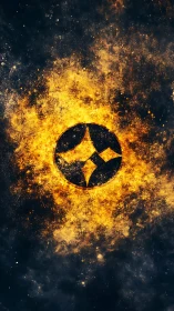 Abstract geometric emblem within fiery cosmic texture.