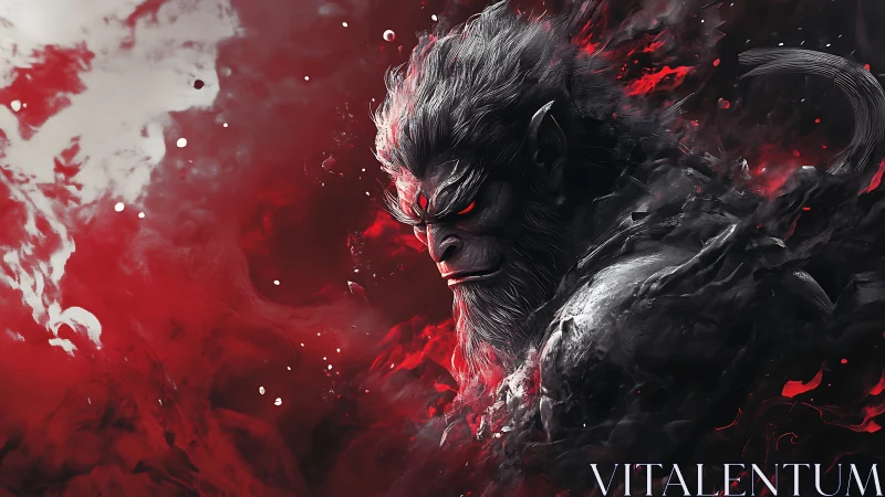 Demonic ape warrior with glowing red eyes in red smoke