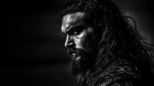 Brooding warrior gazes into darkness with steady resolve