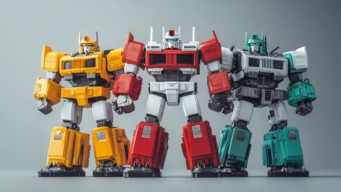 Triple mecha lineup showcases articulated toy robot engineering