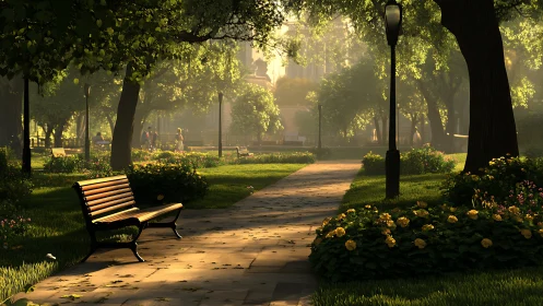 Sunlit city park path winds past benches and flowers.