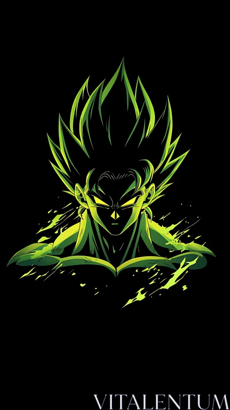 Green-lit stylized anime warrior portrait on black background.