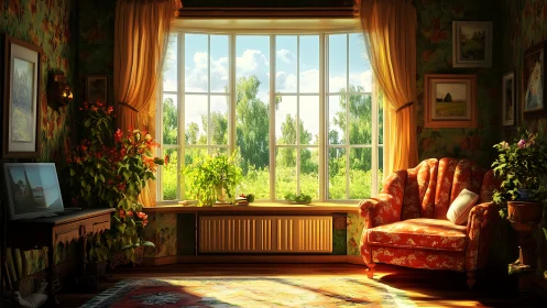 Sunlit reading nook overlooks lush summer garden view.