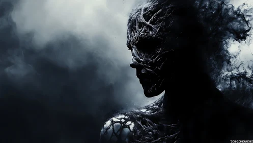 Shadowed humanoid figure dissolving into dense dark smoke.