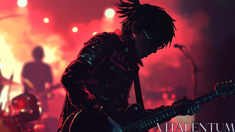 Neon stage silhouette of midnight guitarist in burning haze.