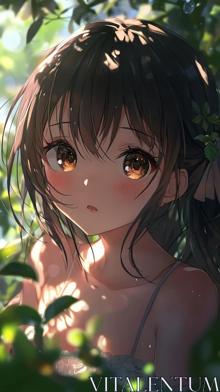 Anime girl in dappled forest light with foliage details.