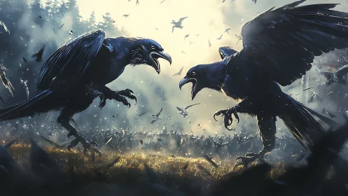 Two giant ravens locked in aggressive forest standoff.
