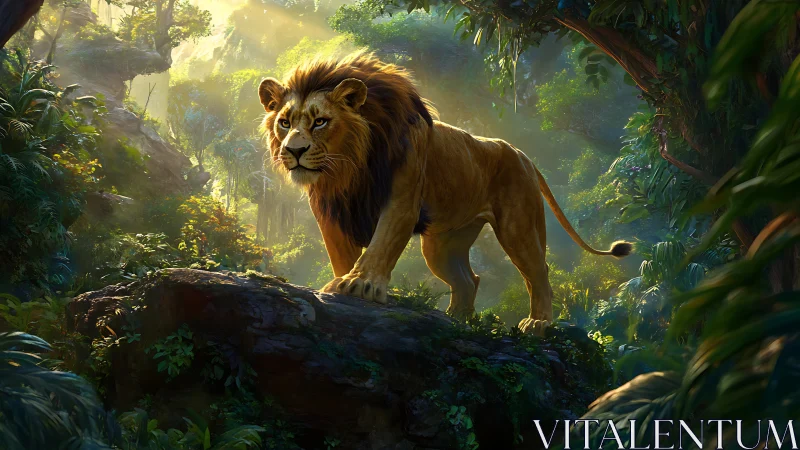 Male lion standing alert on mossy rock in dense jungle.