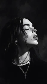 Monochrome portrait of woman in rapt, shadowed stillness.