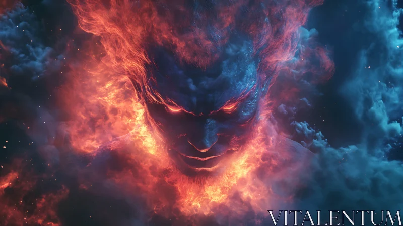 Infernal storm spirit smiles through firelit cosmic clouds