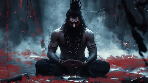 Shiva inspired ascetic figure in smoke filled ritual setting.