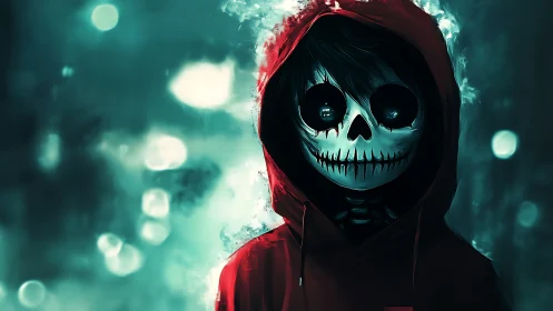 Midnight skull-hooded figure glows softly in neon mist