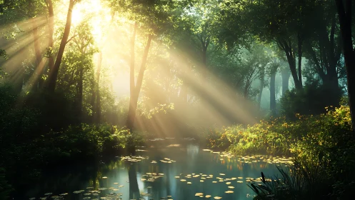 Sunlit forest pond with drifting lily pads at dawn.