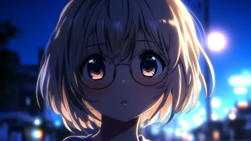 Backlit anime girl with glasses rendered in nocturnal bokeh lighting