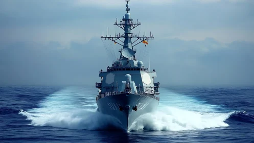 Navy destroyer cuts through open ocean under overcast sky.