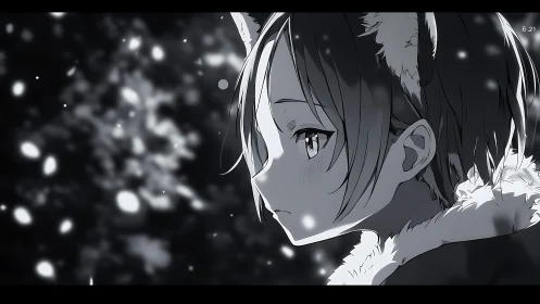 Melancholic anime girl in winter snowfall profile view.