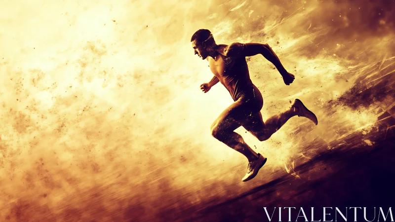 Runner in golden motion racing through glowing light.