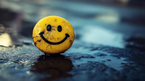 Sunny yellow smiley face ball brightens a wet street