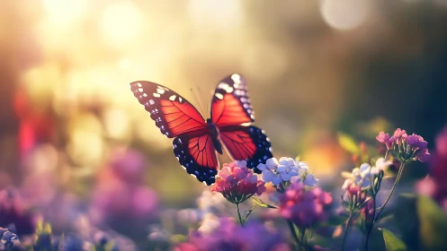 Vivid orange butterfly rests on wildflowers at golden hour