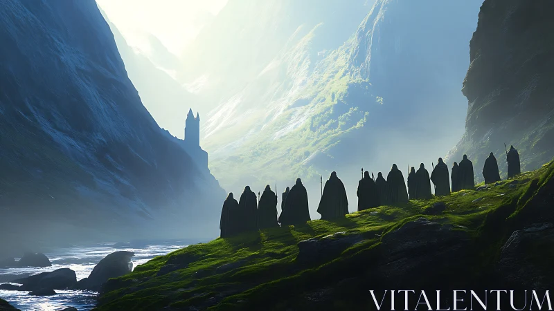 Processional cloaked figures traverse misted valley toward distant spire