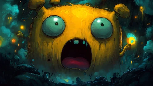 Luminescent panic of a colossal yellow cryptid in ruins.