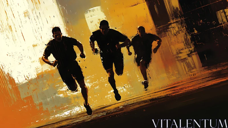 Dynamic runners silhouetted in high-contrast urban motion blur field