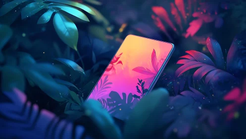Dreamy neon smartphone resting in a lush digital jungle.