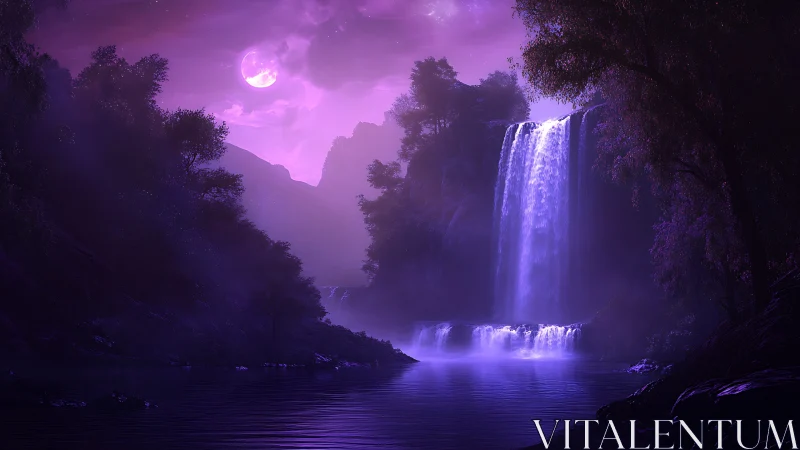 Moonlit amethyst falls drape a quiet, spellbound forest.