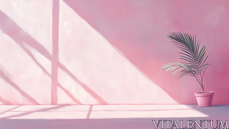 Soft pink studio wall with single potted palm. Minimal calm.