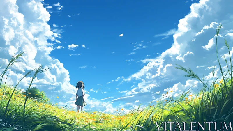 Solitary schoolgirl faces expansive cumulus sky in meadow