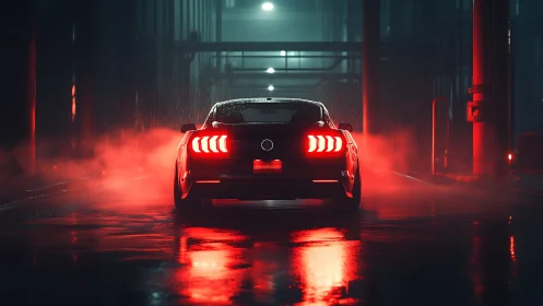 Rear-lit sports coupe in neon rain-soaked industrial tunnel.