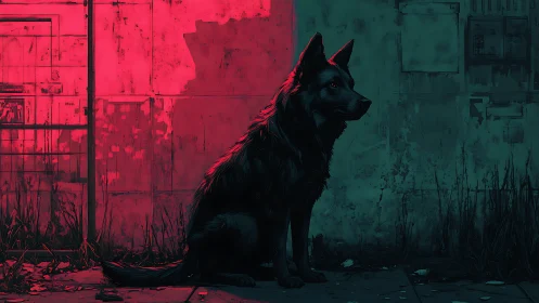 Lone neon sentinel dog split between crimson and teal night.
