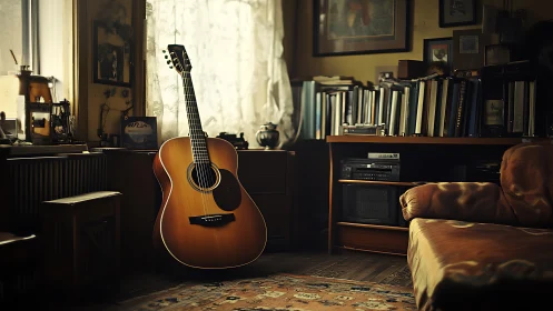Sunlit acoustic guitar in warm, cluttered living room corner.