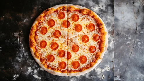 Whole pepperoni pizza is centered on a distressed baking surface