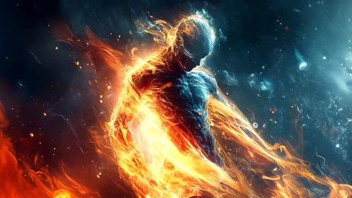 Humanoid figure formed from opposing fire and energy fields.