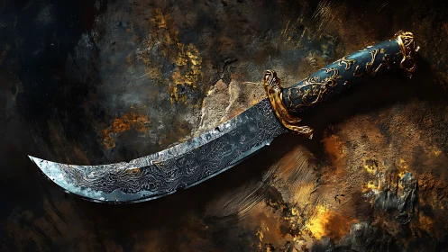 Gilded curved dagger resting in a storm of molten color.