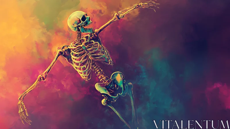 Joyriding skeleton dancing through neon cosmic haze.