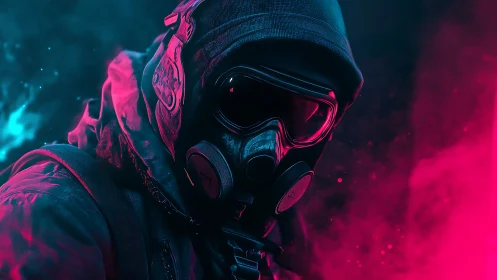 Mysterious neon wanderer in a glowing urban haze.