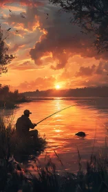 Solitary angler waits quietly beside a vivid sunset lake.