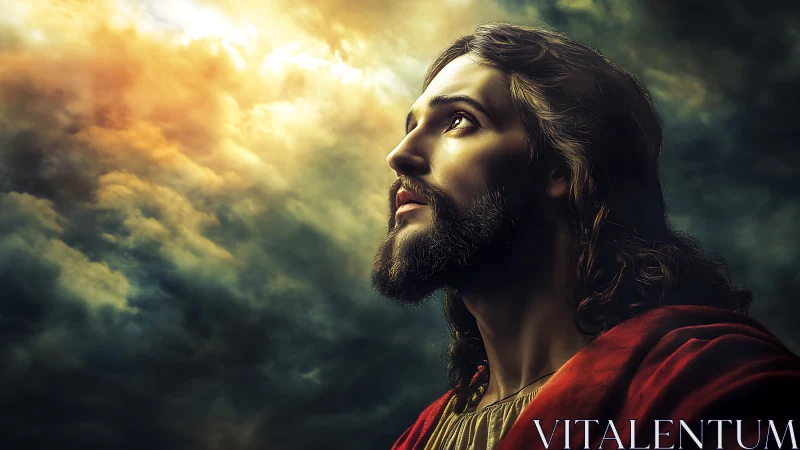 Dramatic digital portrait of robed man under luminous storm sky