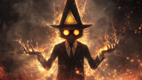 Occult fire mage in suit with glowing eyes and sigil hat.