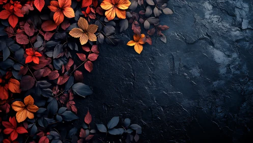 Crimson foliage frames dark stone backdrop with contrast