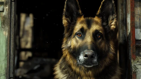 German shepherd dog is positioned in a doorway in close view