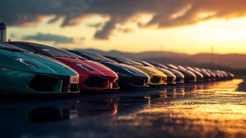 Row of sports cars parked on wet asphalt at sunset.
