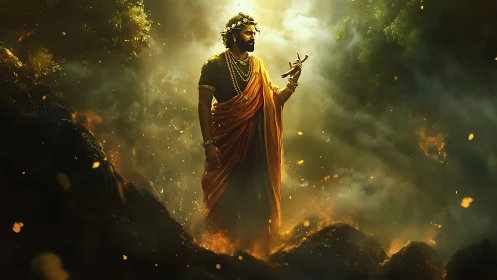 Mythic deity in luminous forest vortex rendered as digital painting