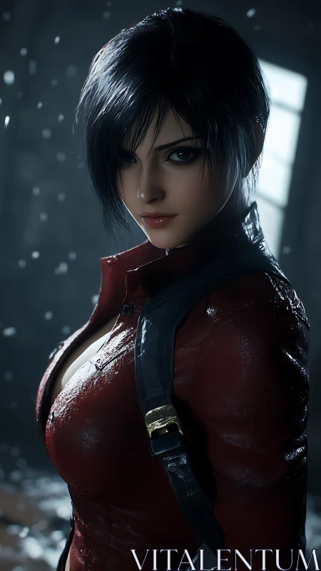 Rendered warrior woman stands in wet red jacket, low light