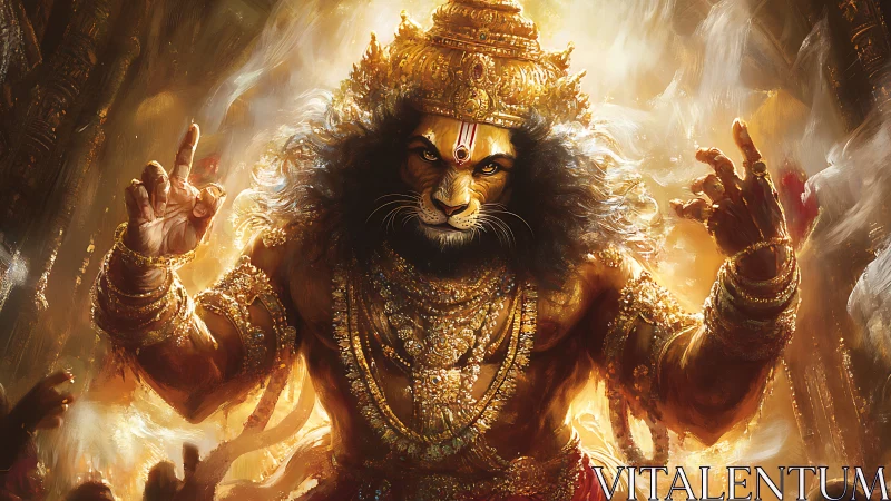 Lion-faced deity in ornate gold setting with raised hands.