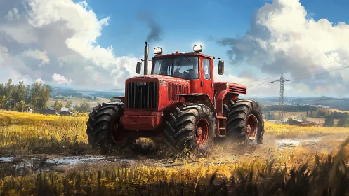 Red heavy tractor powers through wet golden farmland.
