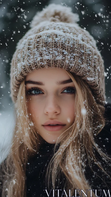 Photorealistic winter portrait in shallow depth-of-field focus.